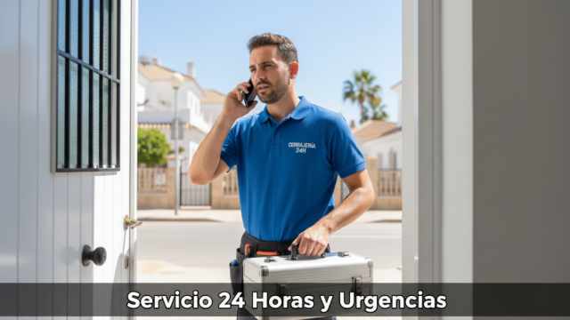 Cerrajero 24 horas cerca de mi ubicación atendiendo una llamada de urgencia. Técnico con caja de herramientas llegando a una vivienda en la Costa del Sol (Fuengirola, Mijas).