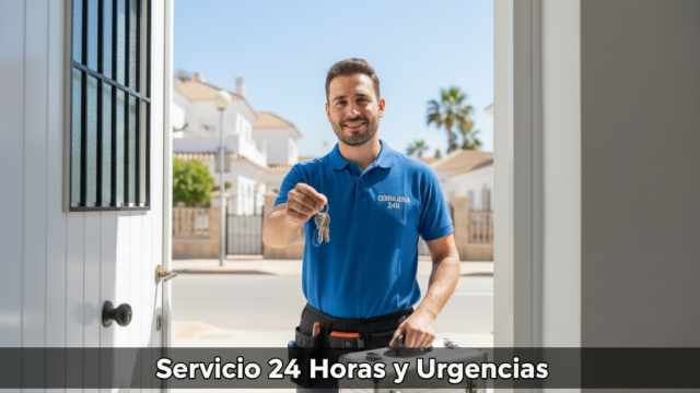 Cerrajero de urgencia entregando llaves tras una apertura de puerta exitosa. Técnico profesional de Cerrajero Tito con caja de herramientas, disponible para servicios 24 horas en Fuengirola y Mijas.