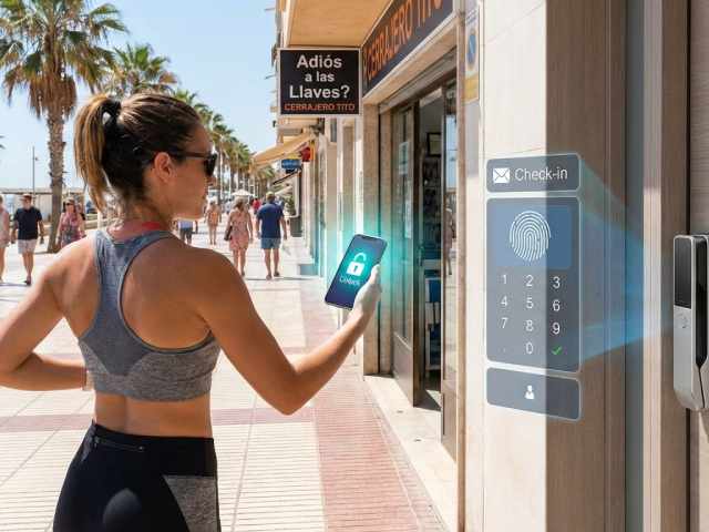 Mujer abriendo puerta con el móvil usando una cerradura inteligente tras salir a correr. Sistema de check-in automático y acceso sin llaves instalado por Cerrajero Tito en la Costa del Sol